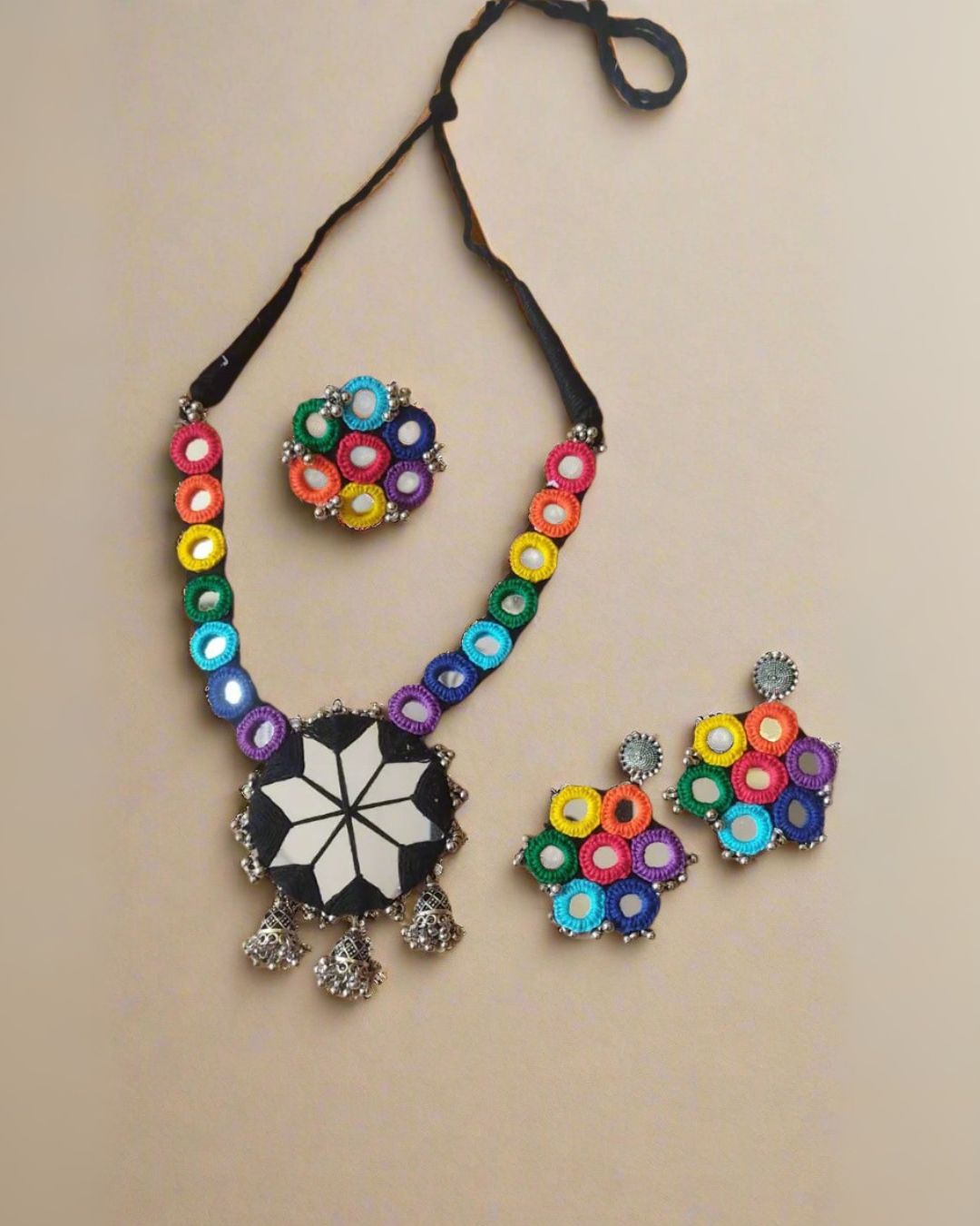 Rainvas multicolor round mirror necklace, ring & earrings set