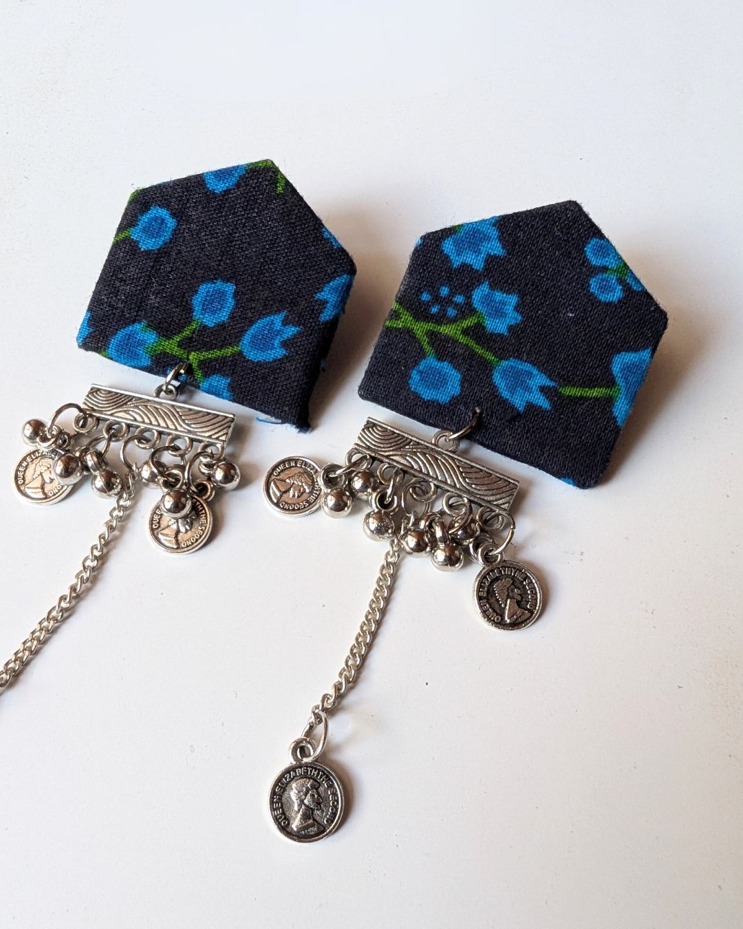 Navy Floral Chain Earrings
