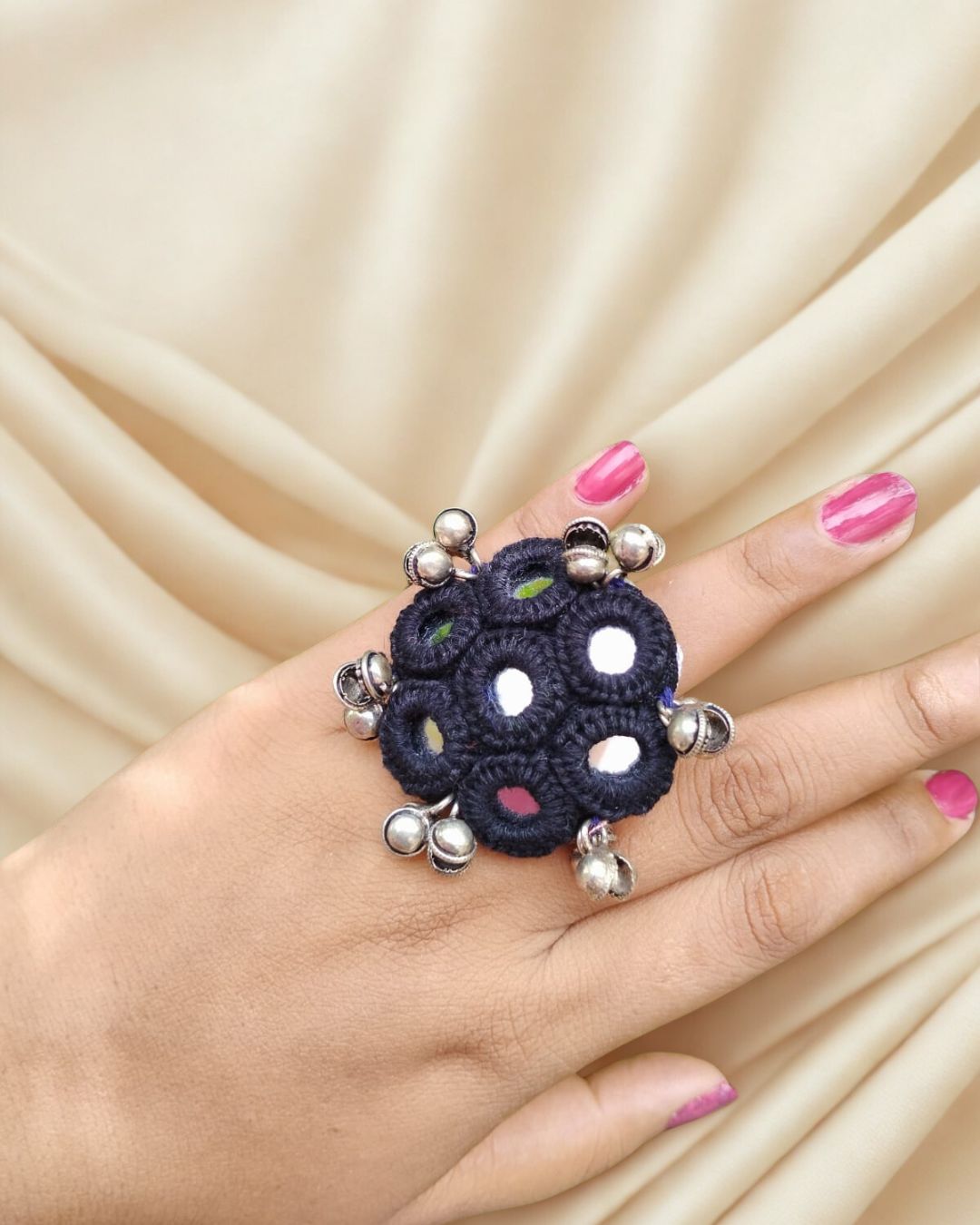 Floral mirror fabric finger ring