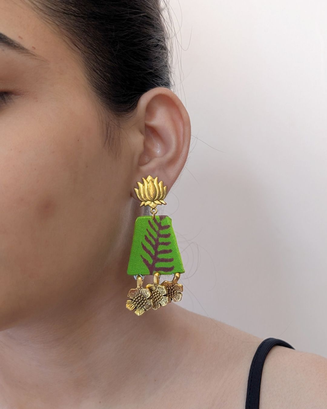 Golden Green Leaf Charm Earrings