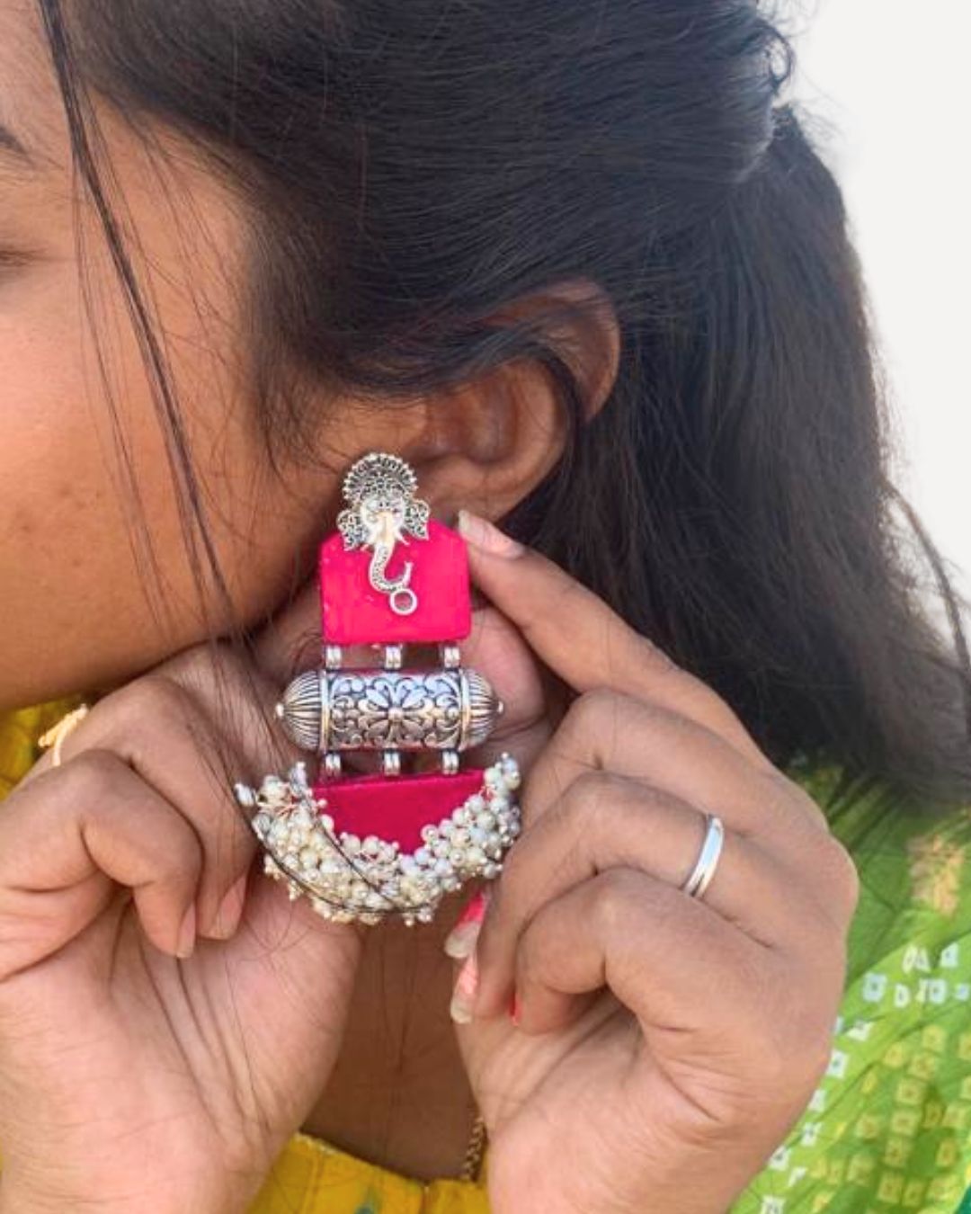 Pink Ganpati beaded earrings