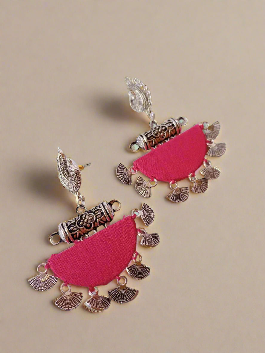 Pink peacock silver oxidised earrings