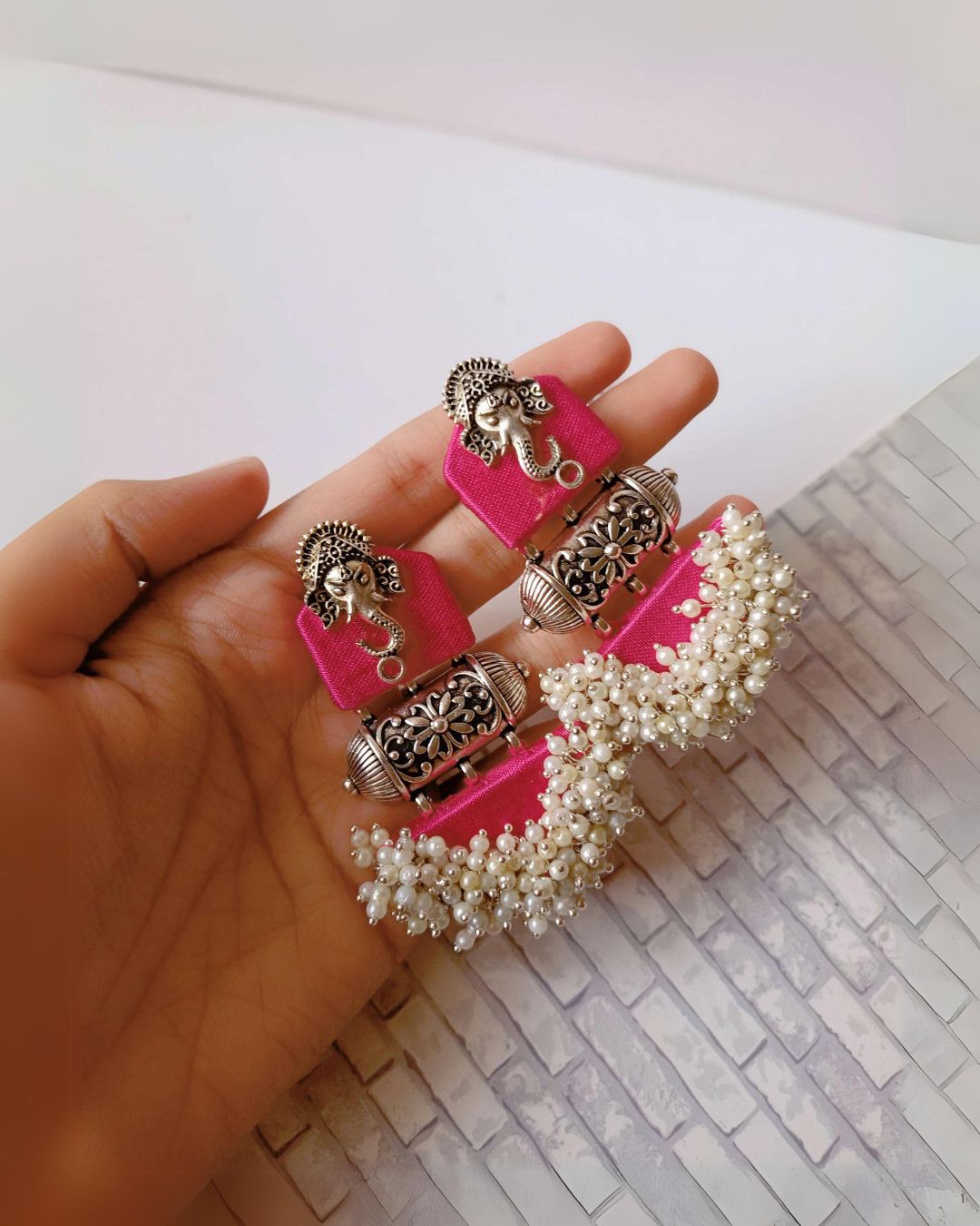 Pink Ganpati beaded earrings