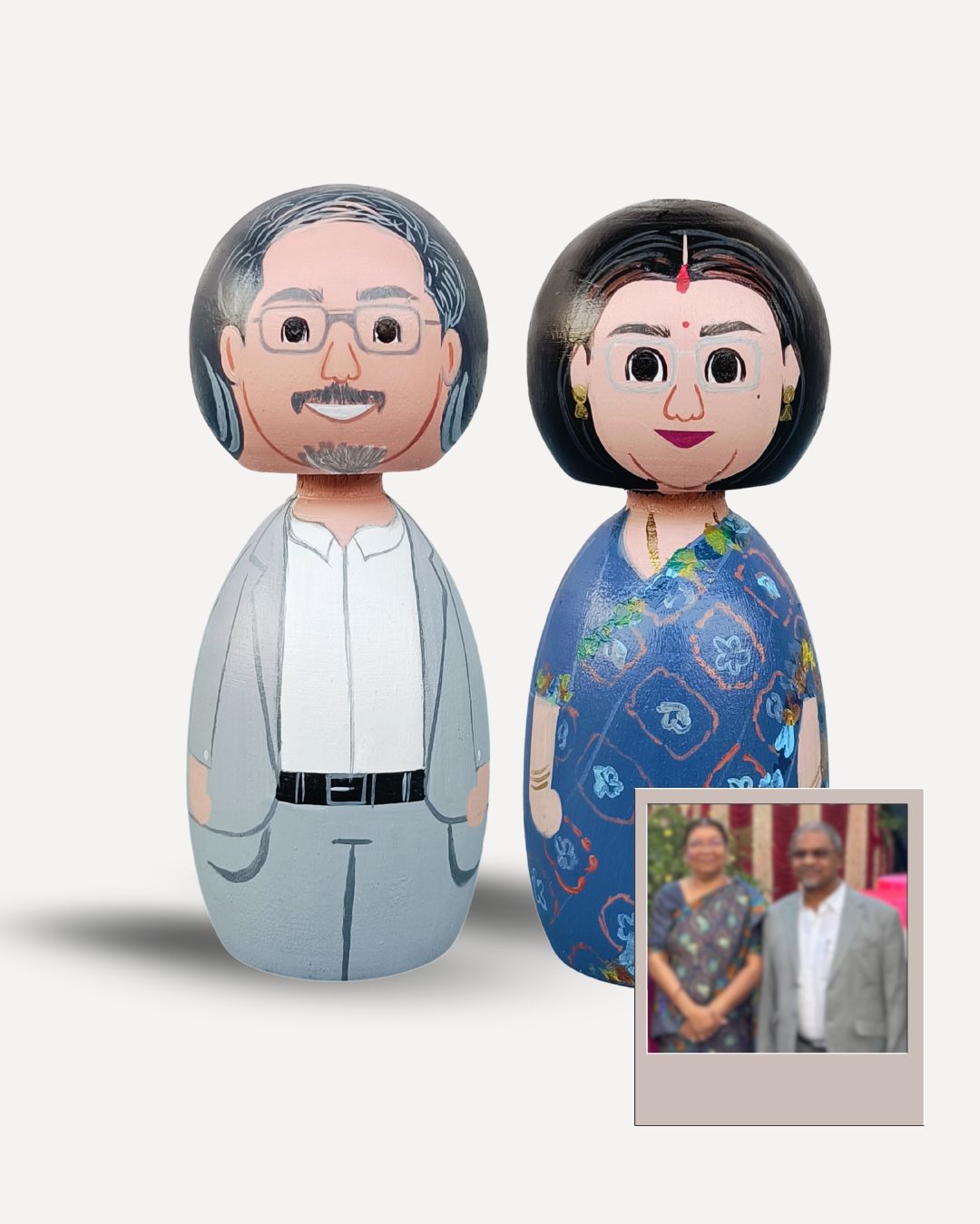 Peg doll versions of a grandfather and grandmother with acrylic paint finish, next to a photo of the actual grandparents for comparison.