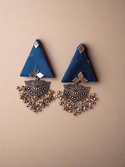 Rainvas Blue triangular jhumka earrings with silver charm