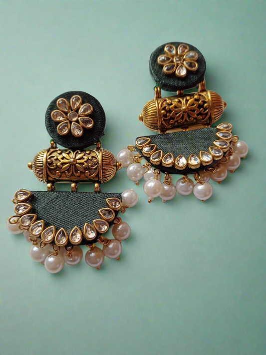 Rainvas Green kundan and pearls heavy jhumka earrings