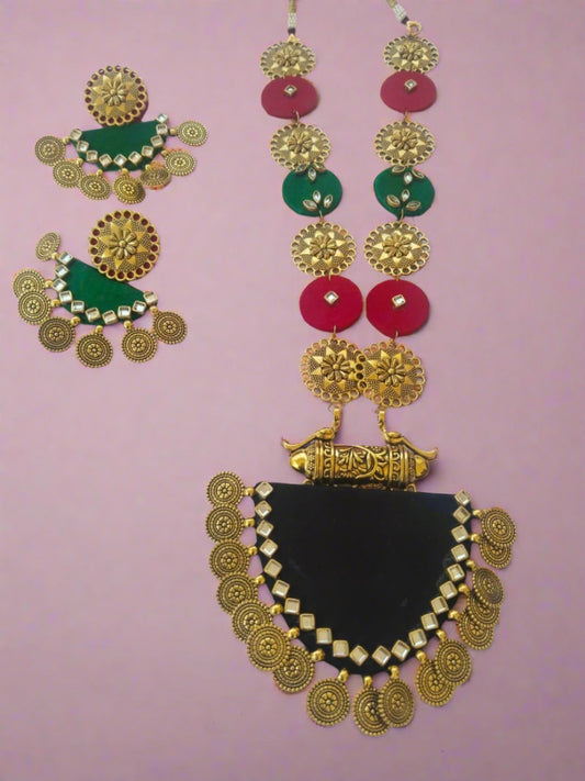 Rainvas Red green golden metal necklace earrings long set