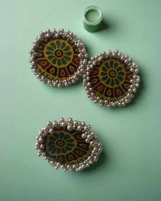 Rainvas Green Ajrakh print Ring earrings combo set for women