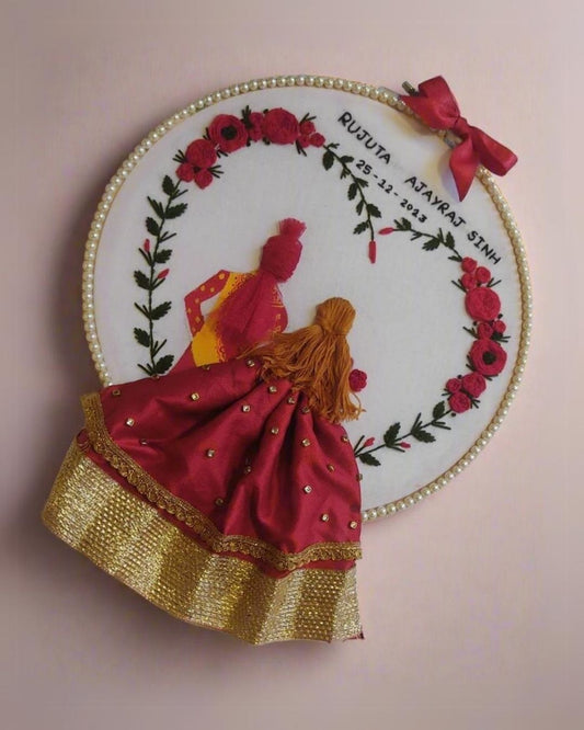 Bride groom couple Wedding embroidery hoop art with floral heart