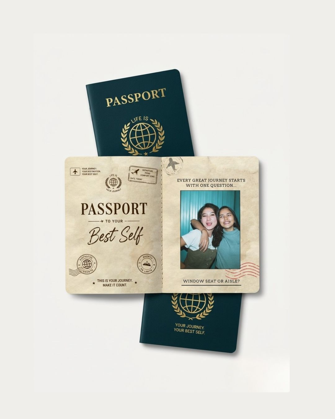 A custom passport-style photo card and matching passport cover set displayed on a light gray background. The passport cover is dark teal with gold foil details, and the photo card is cream with vintage-style stamps and a placeholder photo of two women.