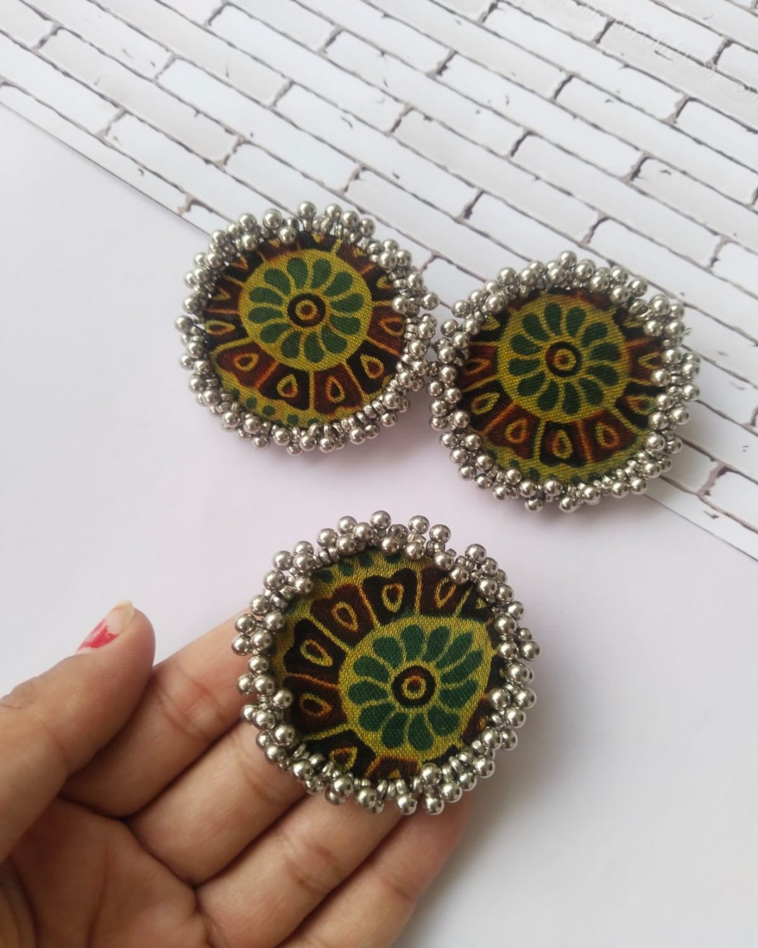 Ajrakh Green Ring Earrings Combo