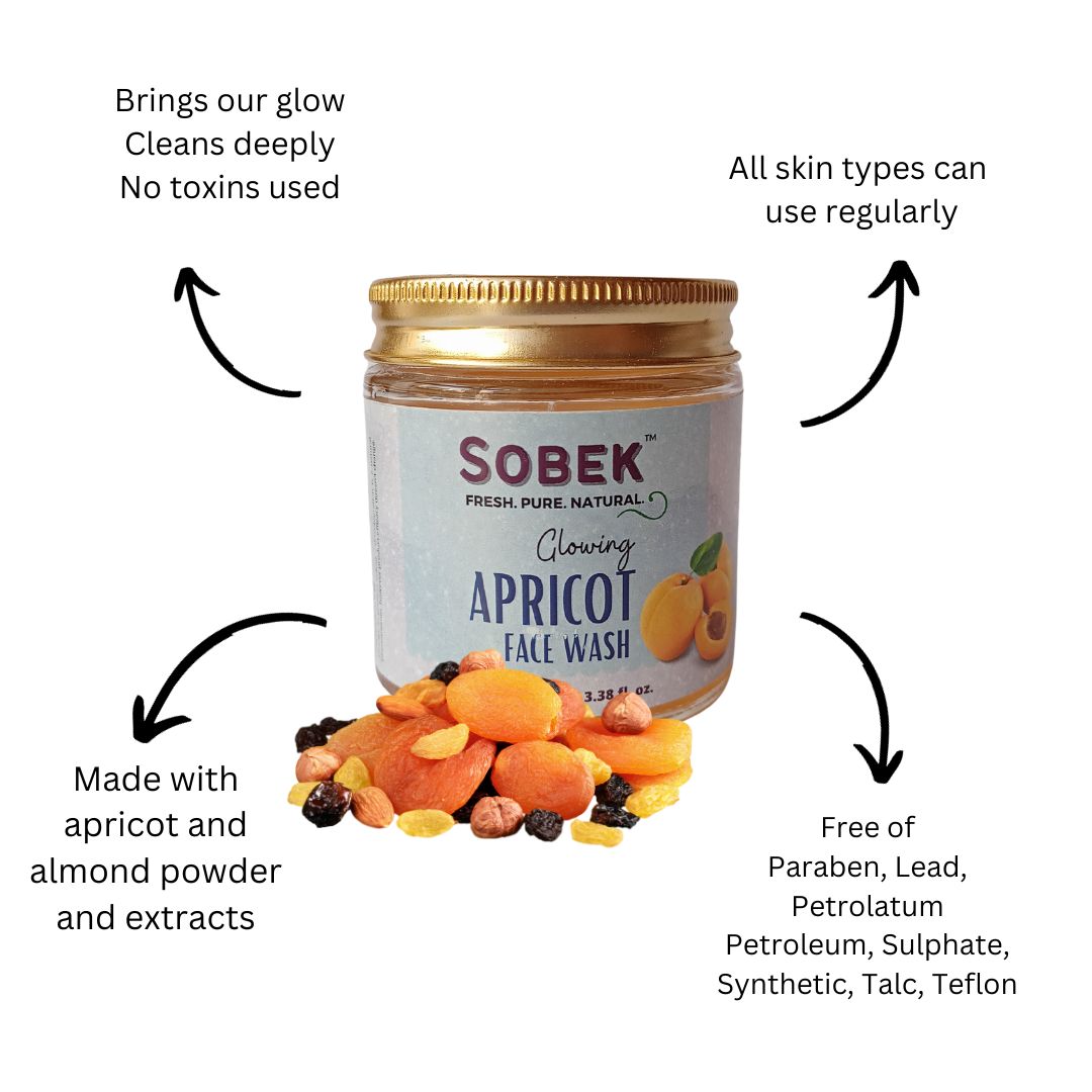 Sobek apricot face wash with dry fruits and its benefits mentioned around it