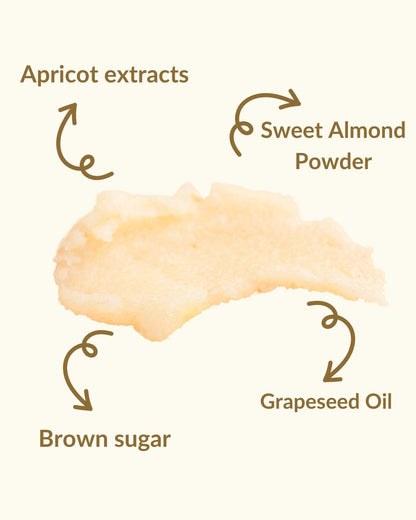 Infographics showing almond and apricot scrub ingredients