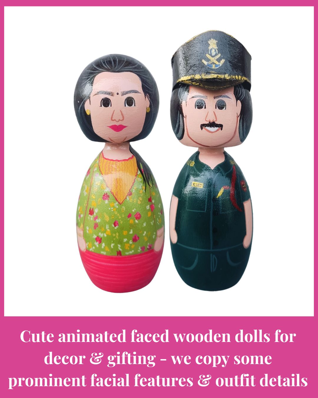 Two wooden dolls with animated faces on a pink background