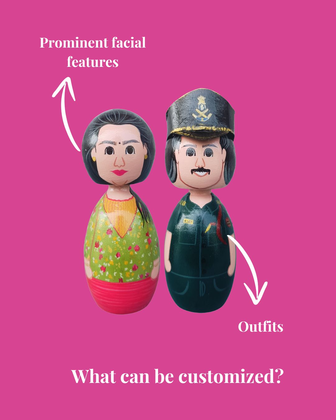 Two figurines with highlighted facial features and outfits on a pink background