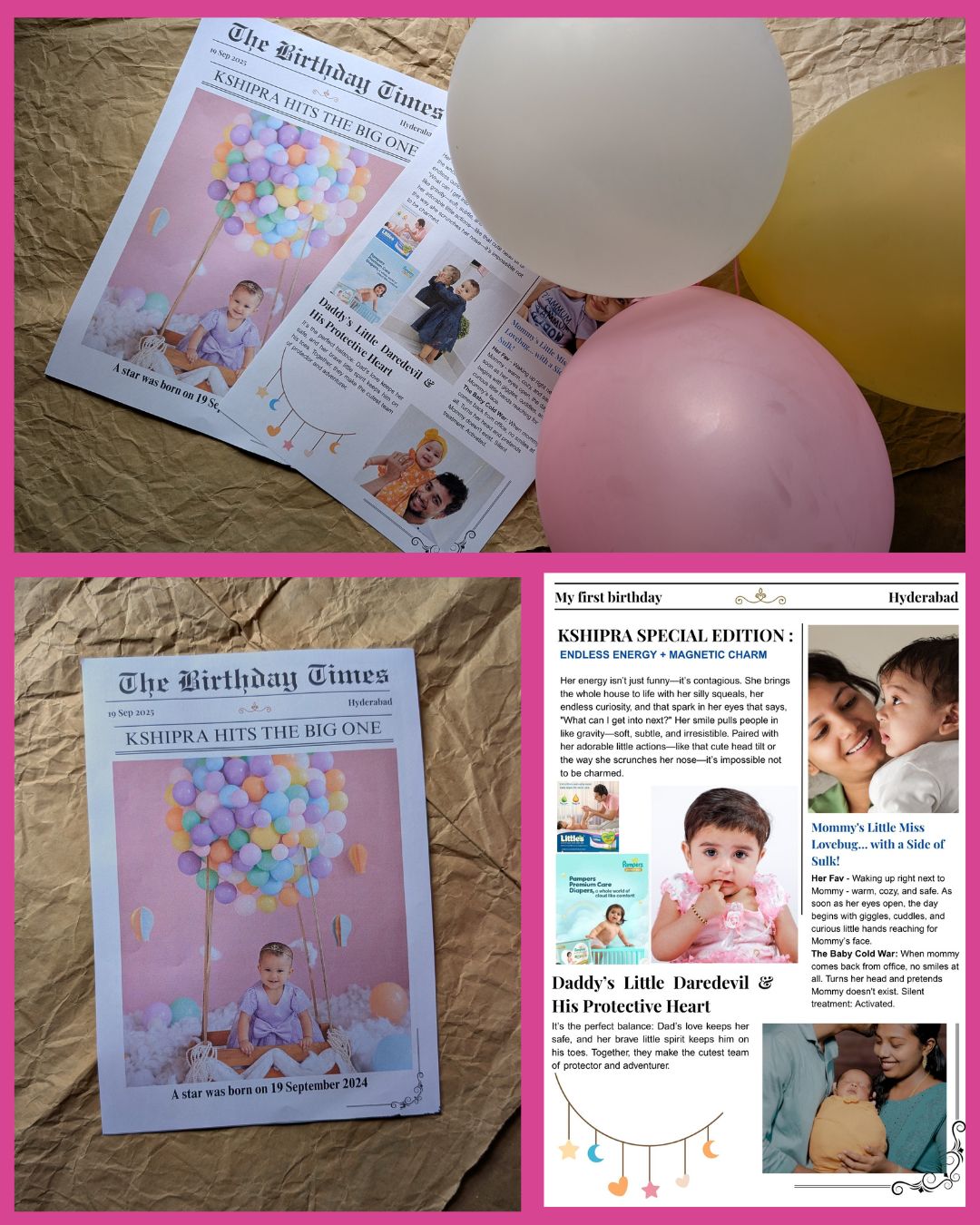 Collage of a birthday newspaper with balloons and a child's photo on a textured surface.