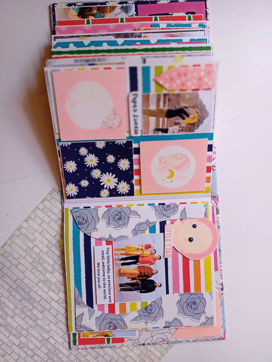 Colorful pink and floral scrapbook layouts with photos on white grey backdrop