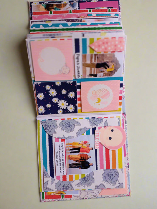 Colorful pink and floral scrapbook layouts with photos on white grey backdrop
