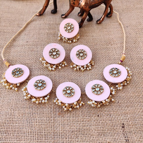 Baby pink choker necklace with round pendants and matching earrings with white beads