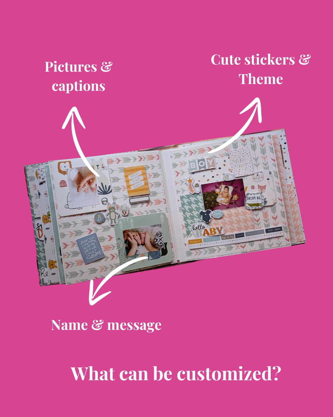 Customizable scrapbook layout with text on a pink background