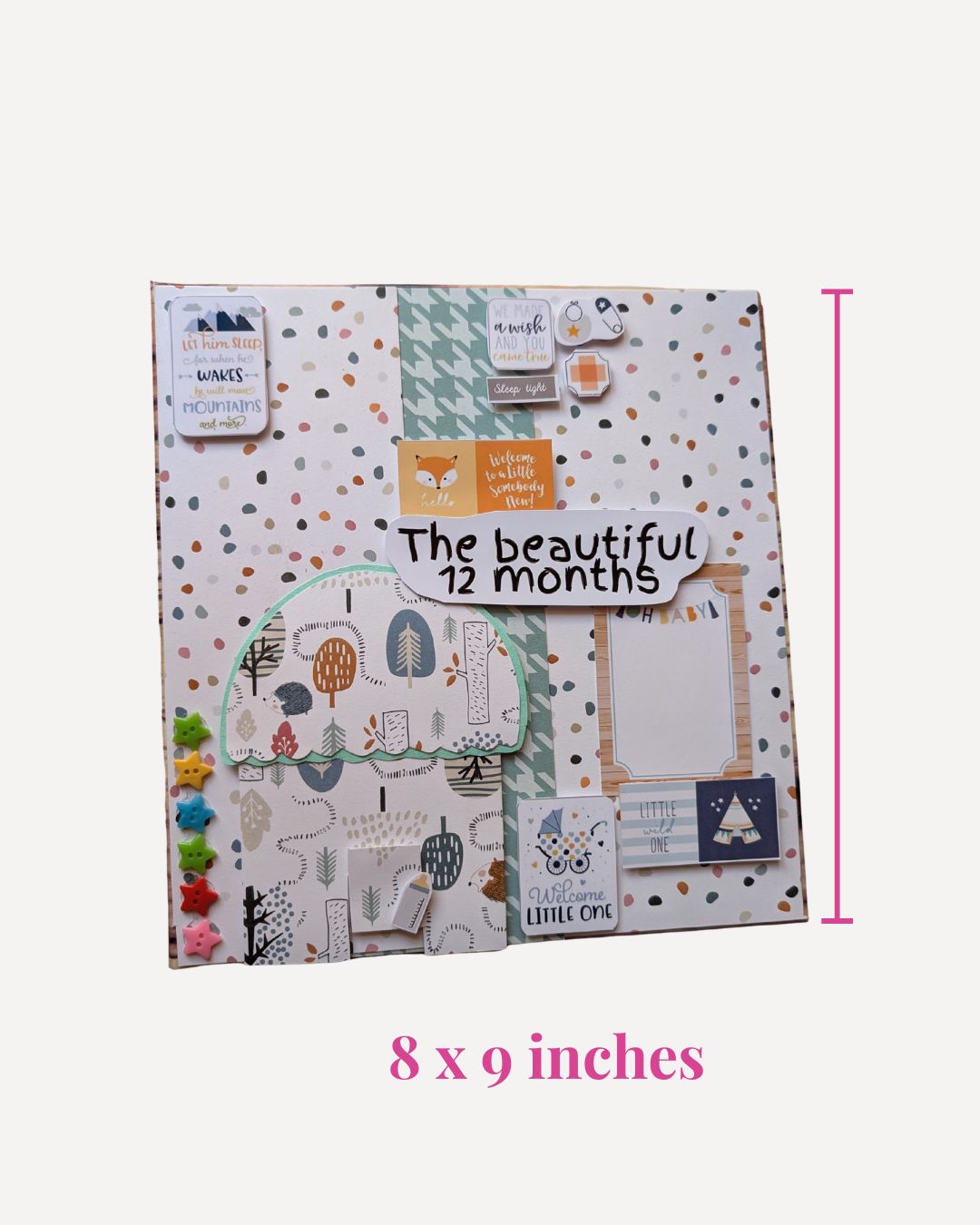 Baby scrapbook set with various pages and a measurement label on a white background
