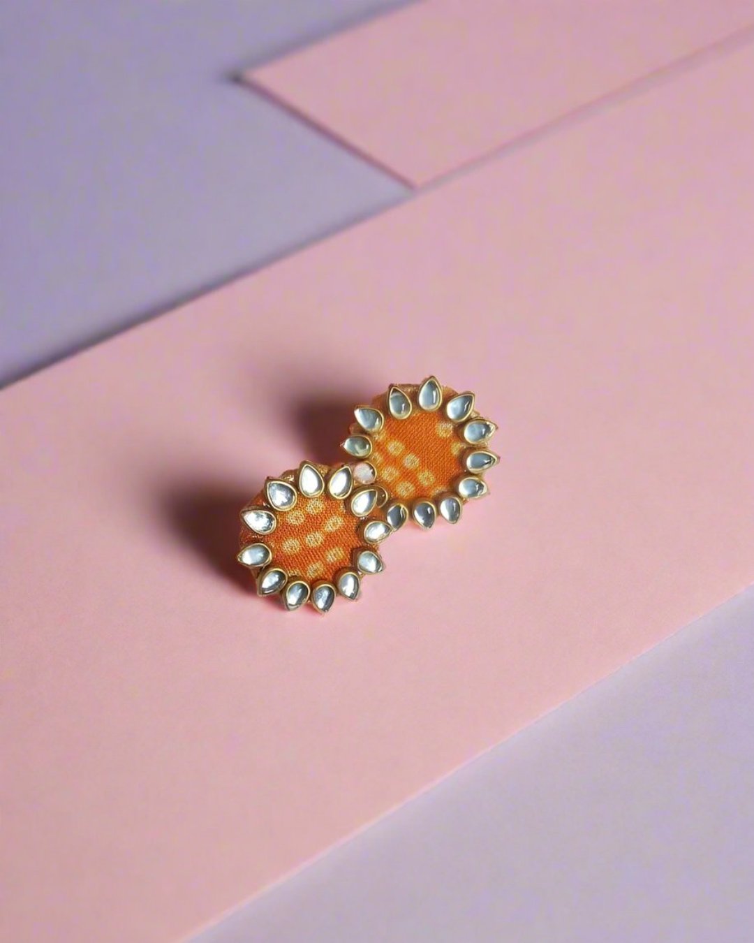 Bandhani Orange Kundan Studs