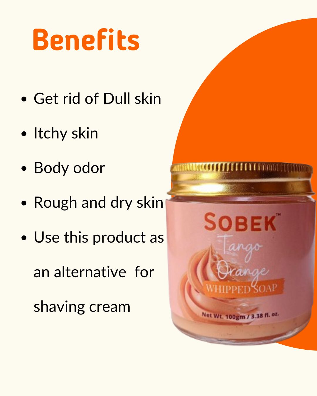 Orange whipped cream soap in glass jar with its benefits mentioned on the left side