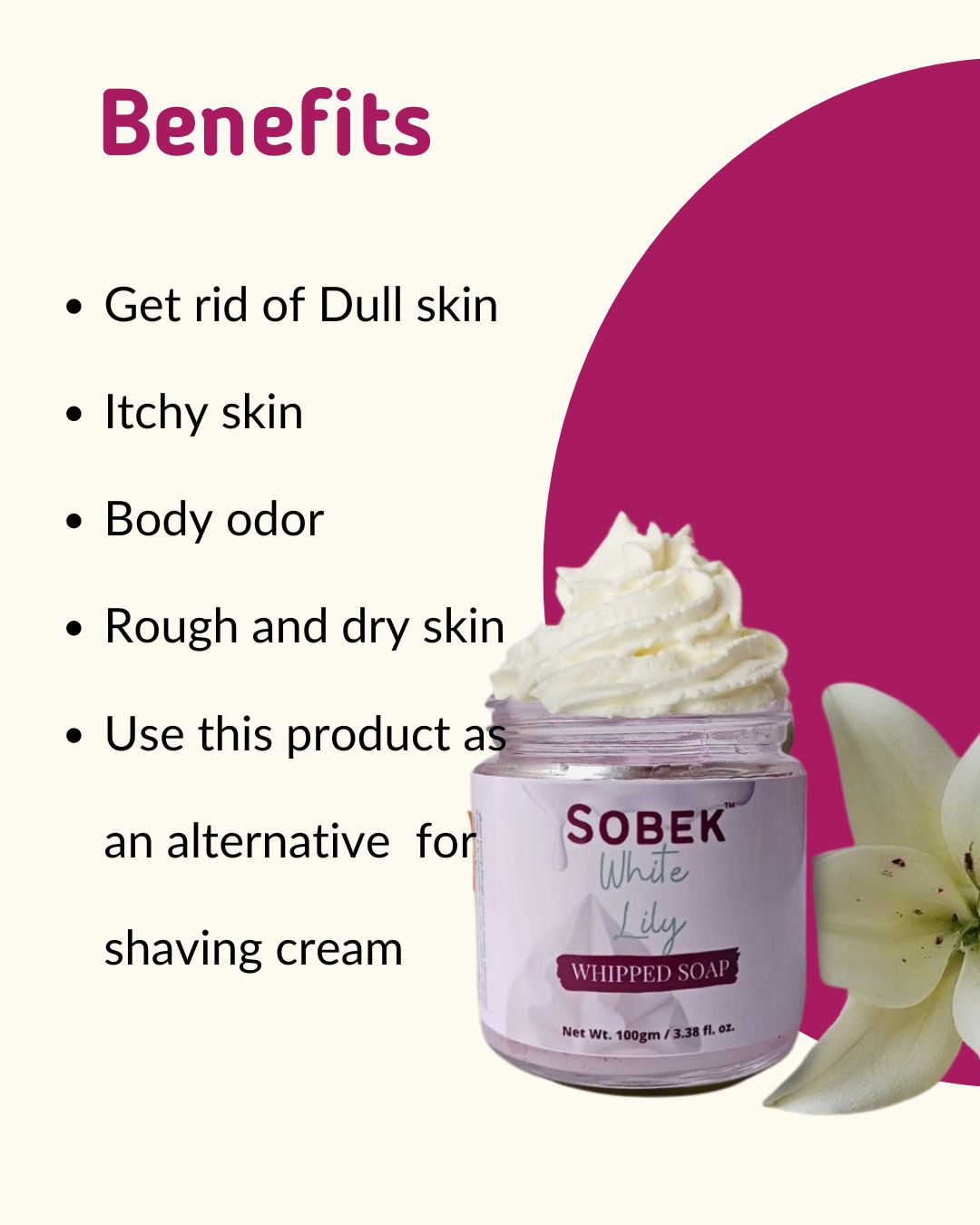 Infographic showing white lily whipped soap benefits