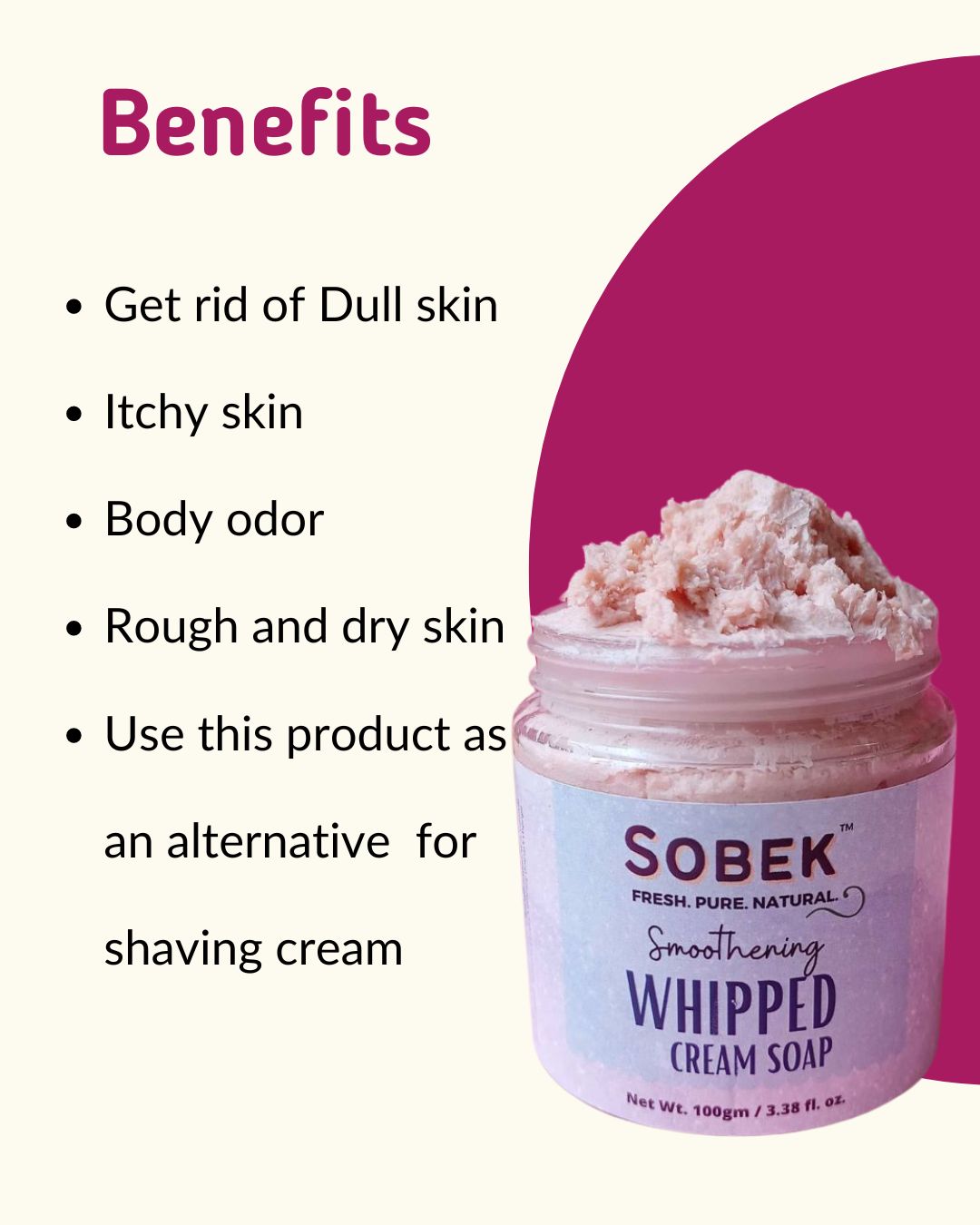 Infographic showing pink whipped soap benefits