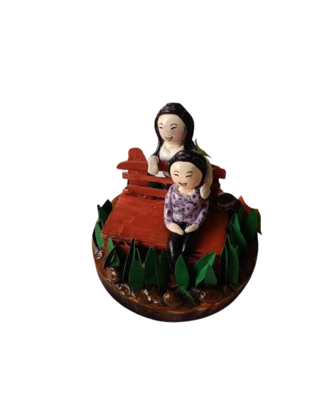Wooden coaster with two girls clay sculpture sitting on a bench