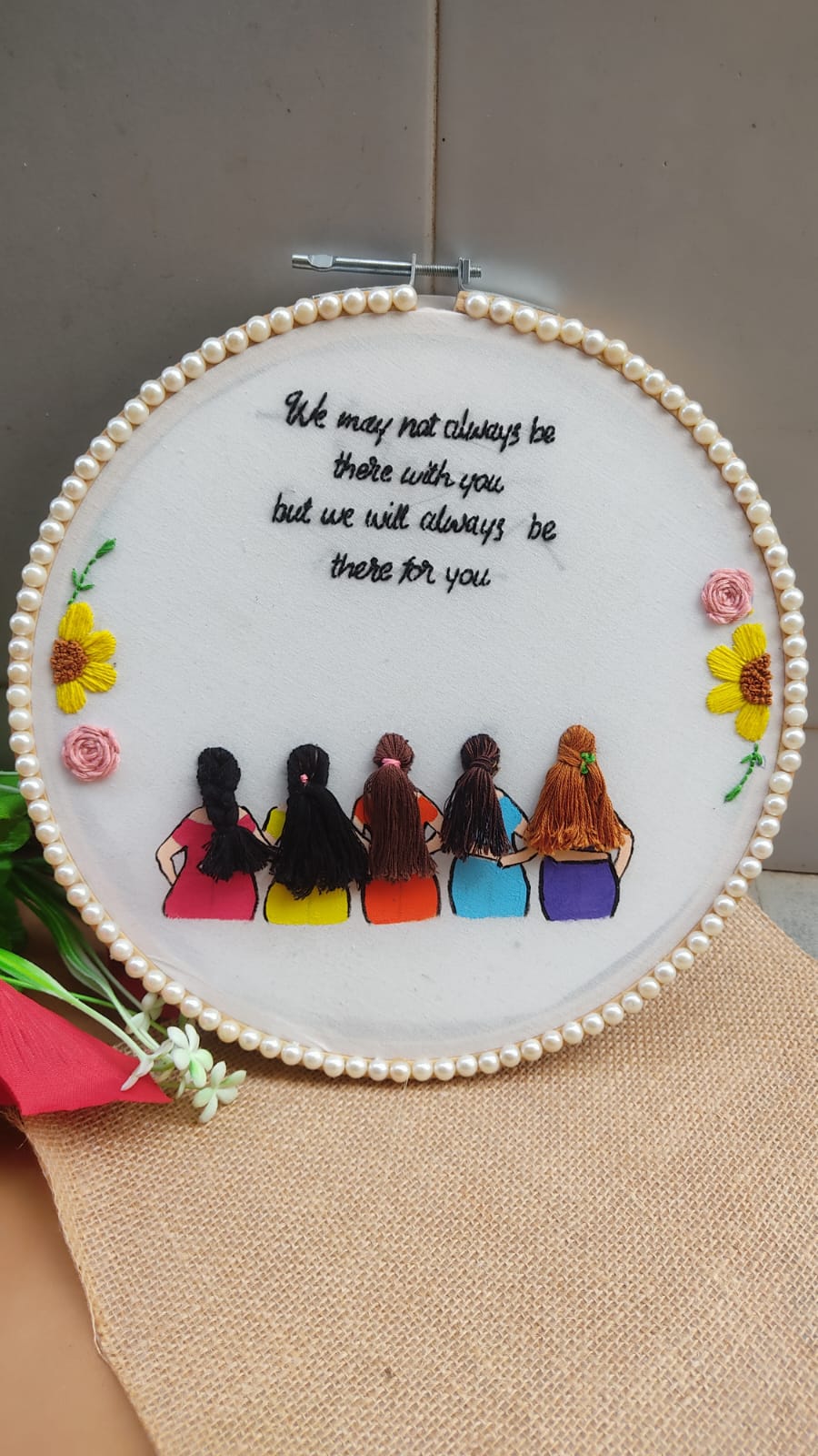 Best friends girl gang embroidery hoop frame with sunflowers and pearls