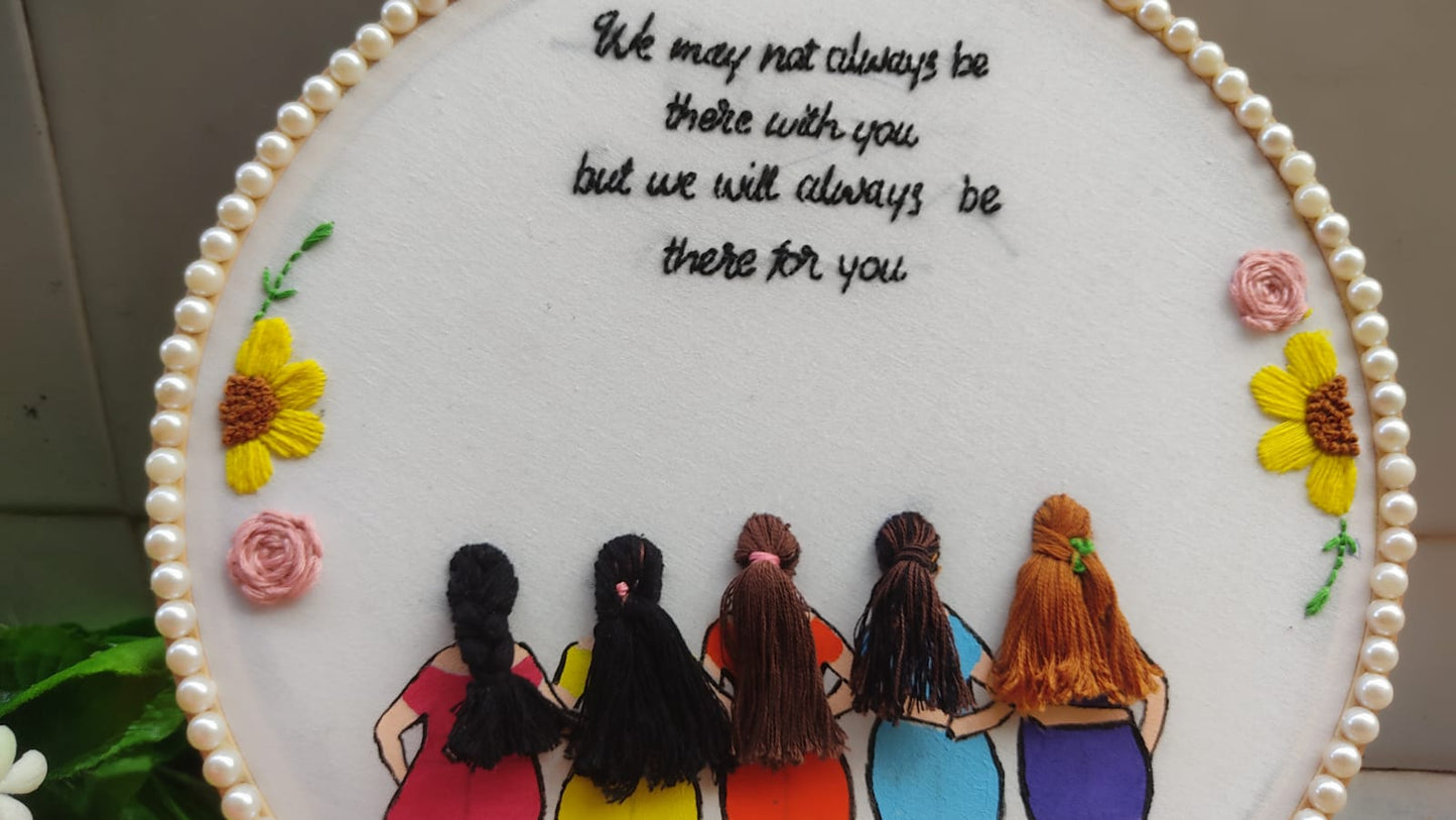 Best friends girl gang embroidery hoop frame with sunflowers and pearls