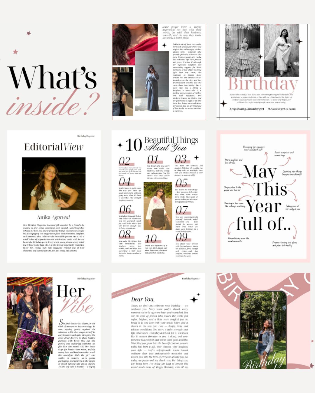 Magazine layout with various articles and images on a white background