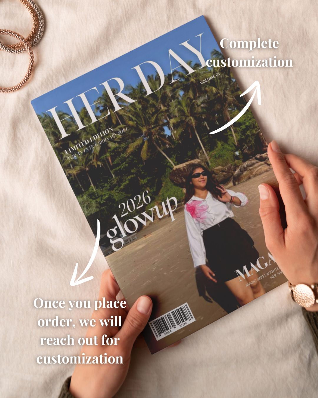 Magazine with a tropical cover held by a hand, with text about customization.