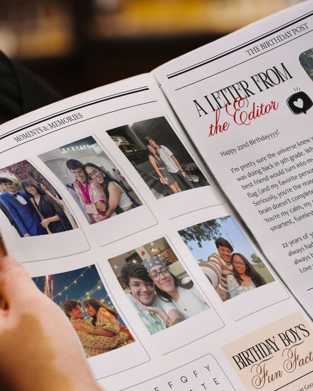 Open magazine with photos of people and text on a blurred background