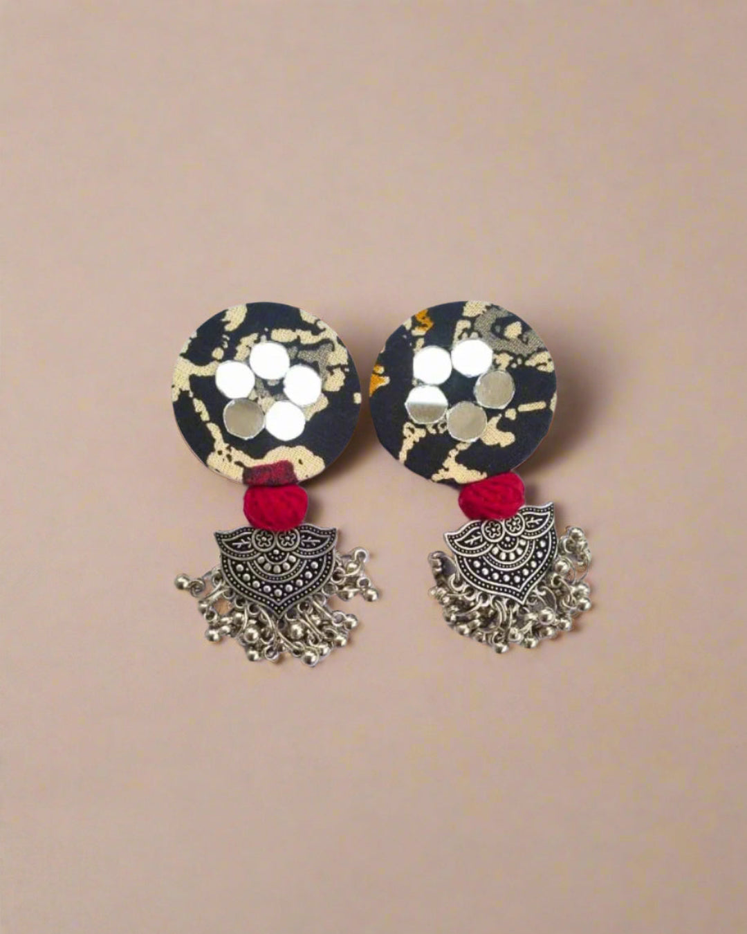 Black Printed Round Earrings