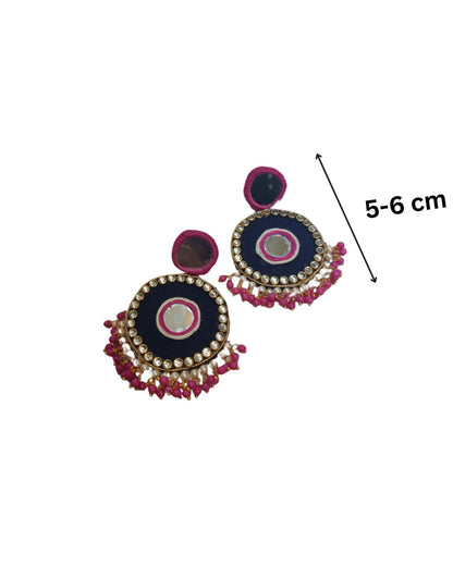 Rainvas Black and pink mirror fabric round earrings with kundan beads