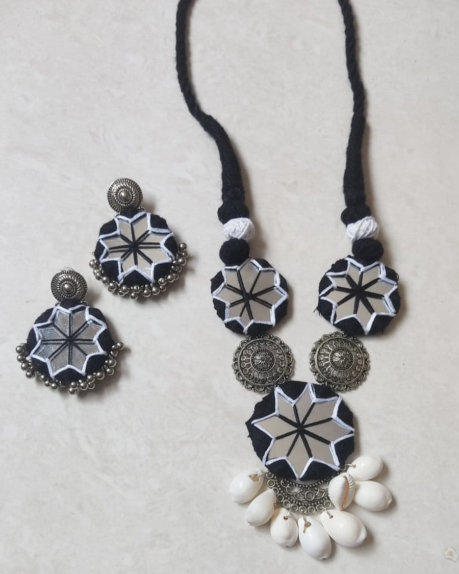 Blue necklace and earrings with mirror, silver charms and white sea shells 