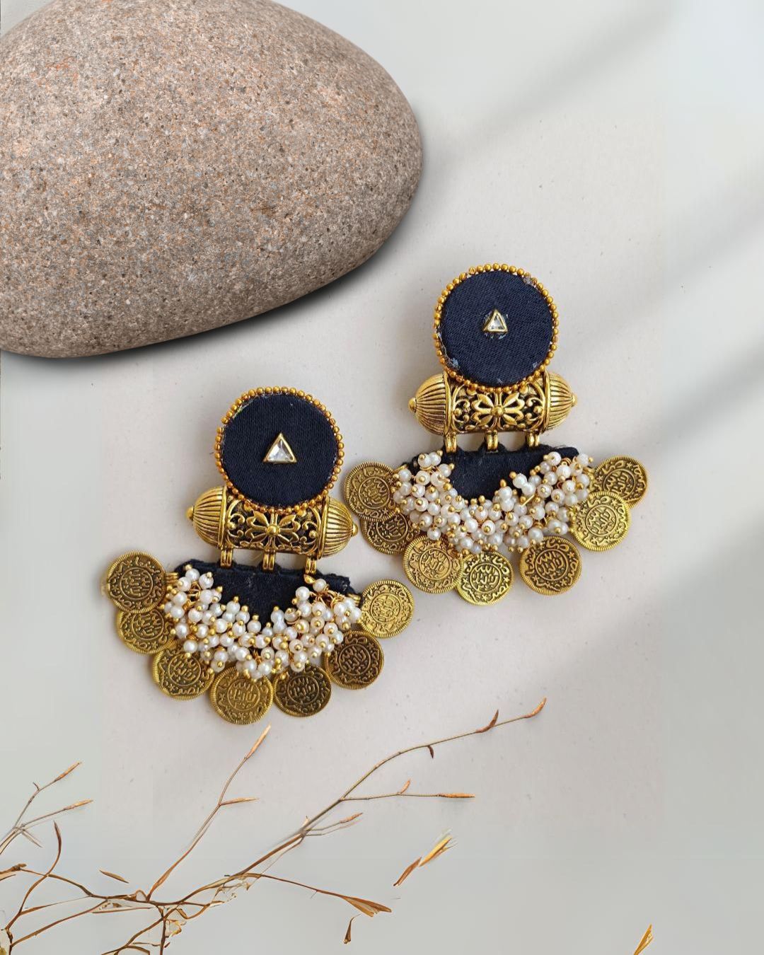 Black golden coins beaded jhumka