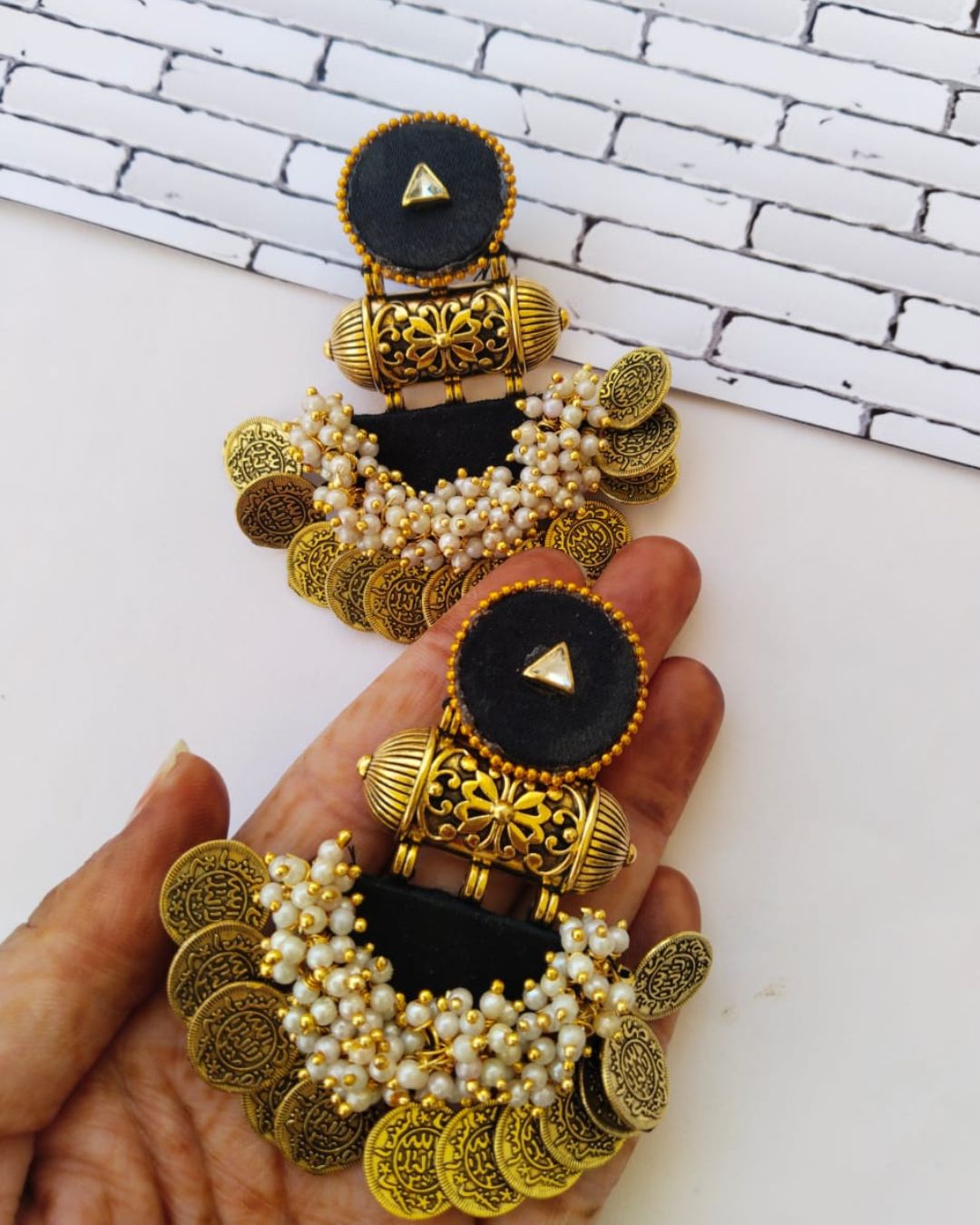 Black golden coins beaded jhumka