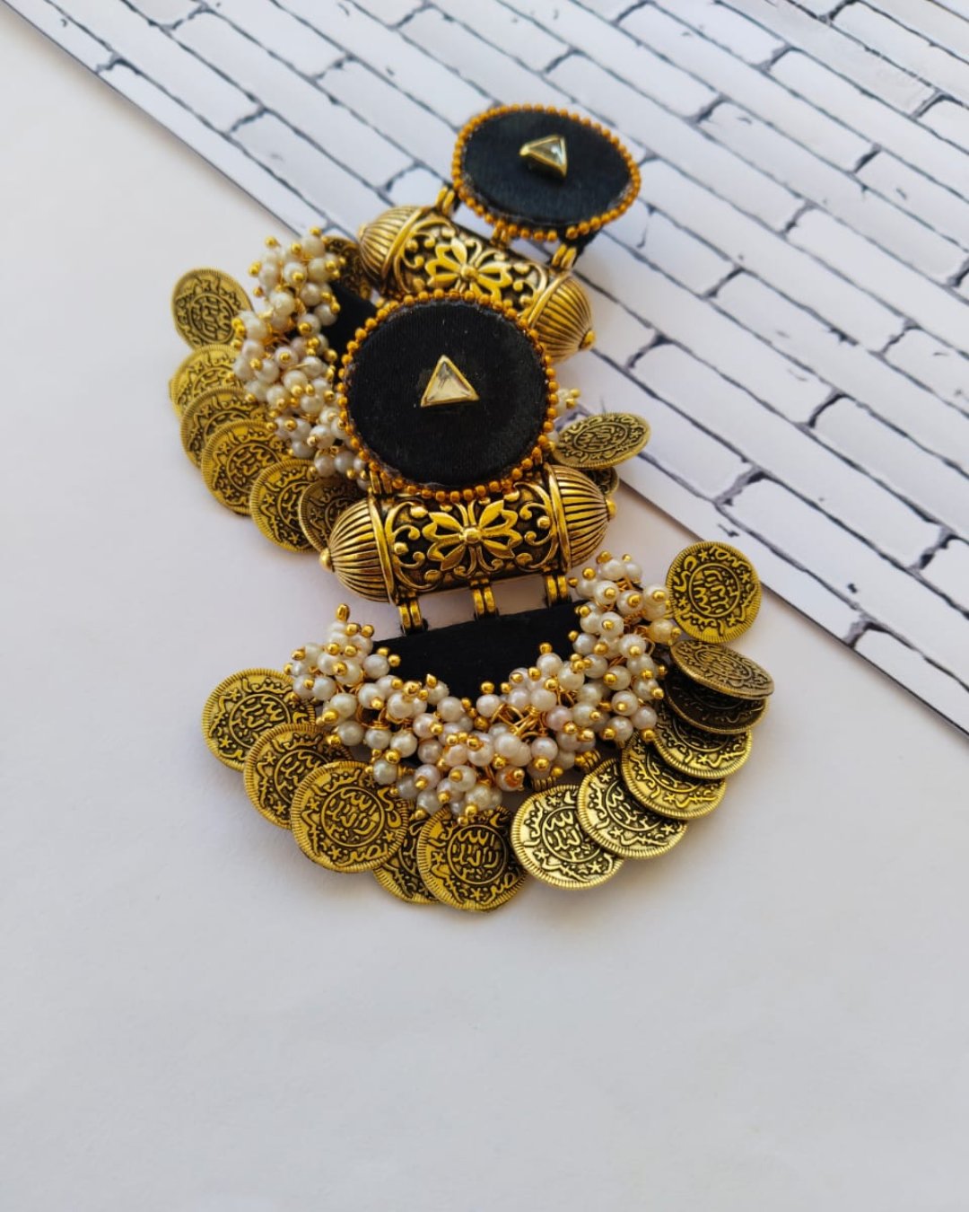 Black golden coins beaded jhumka