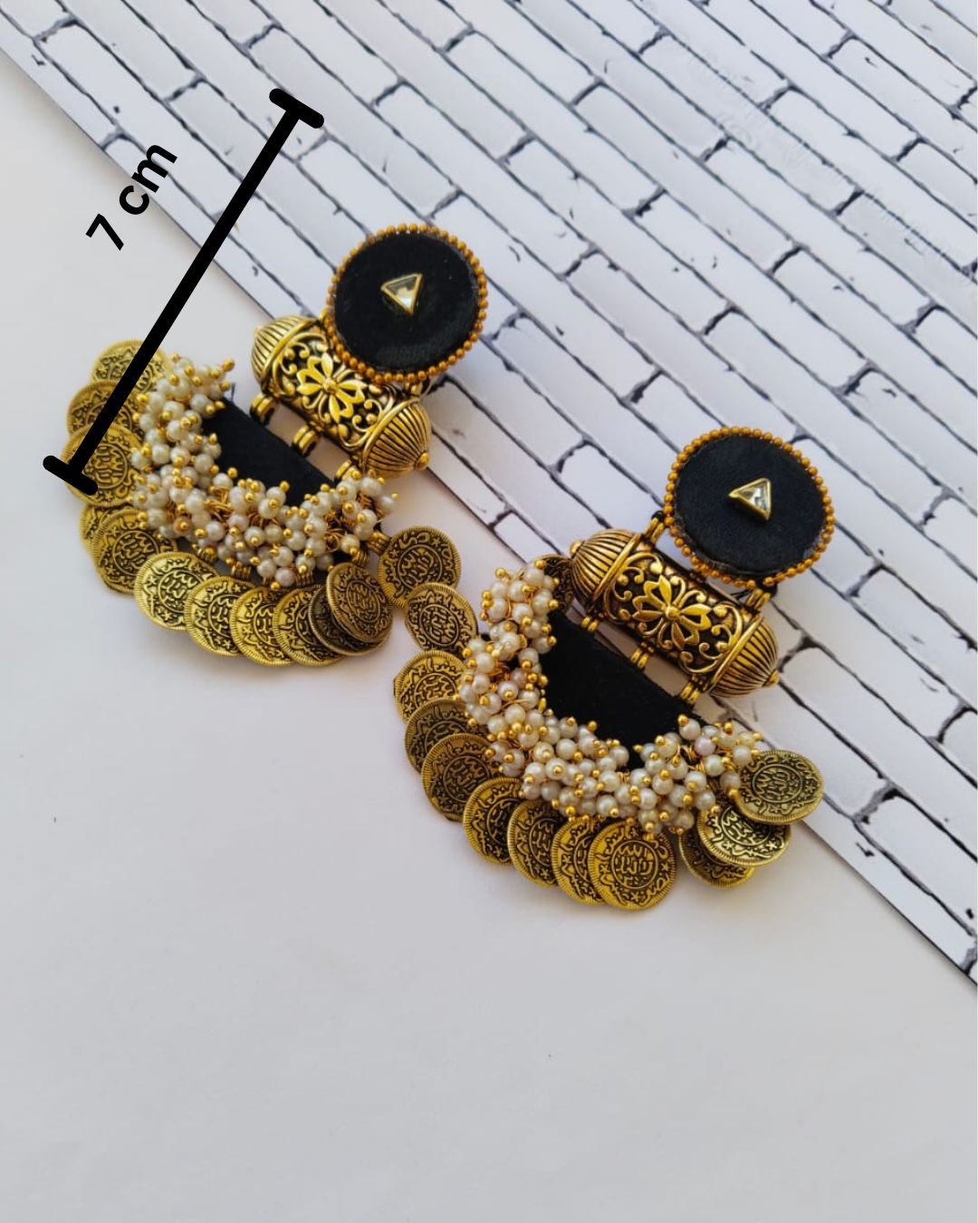 Black golden coins beaded jhumka