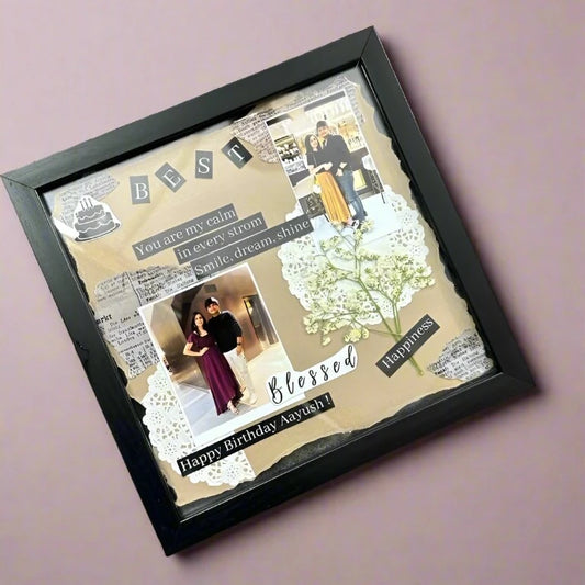 Black wooden square collage frame customised with photo and message