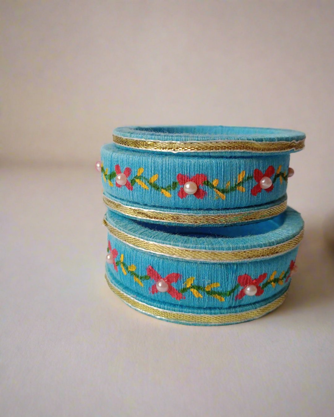 Blue & Pink Embroidered Bangles