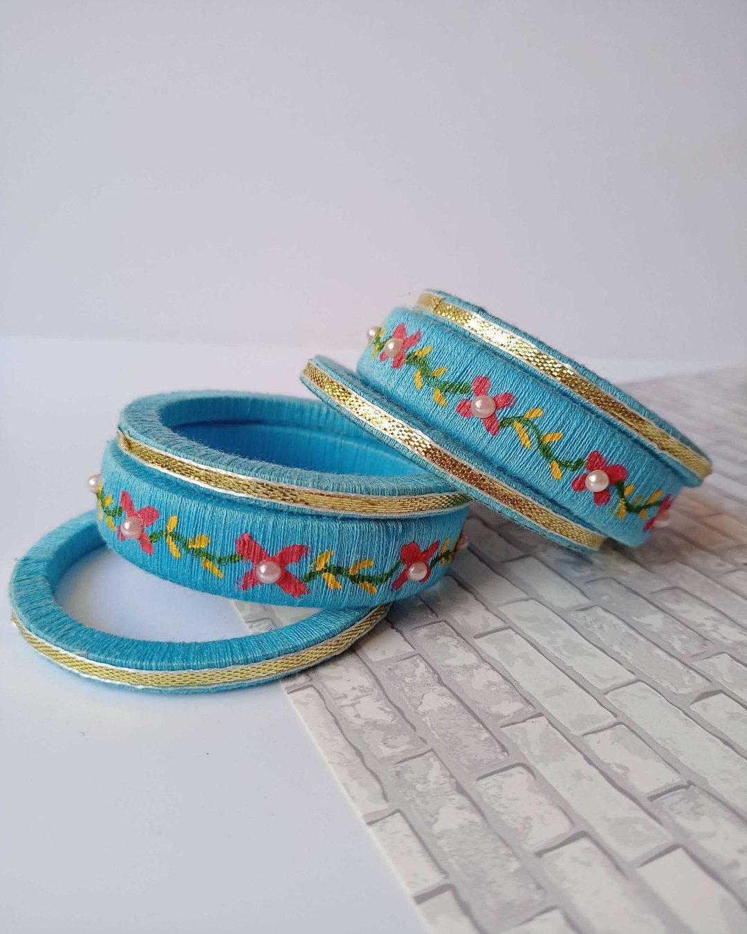 Blue & Pink Embroidered Bangles