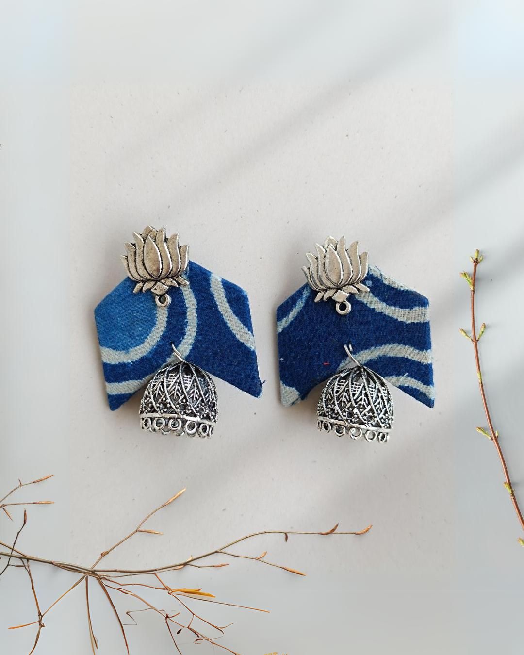 Blue Printed Lotus Jhumkas