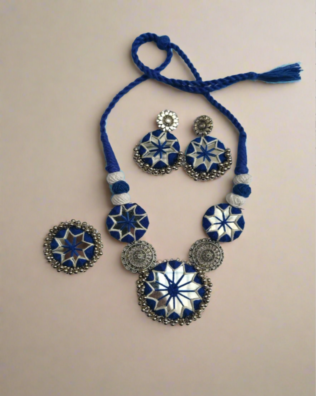 Blue Silver Bead Mirror Set