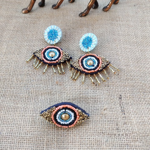 Blue black and white evil eye beaded with golden beads earrings and finger ring