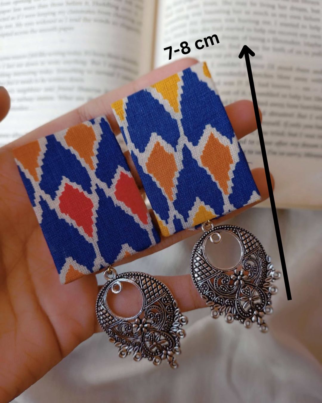 Rainvas Blue printed rectangular fabric earrings