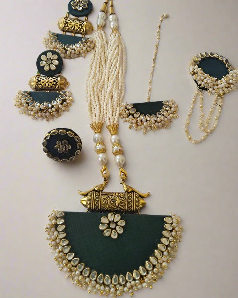 Bottle green traditional fabric necklace with kundan and white beads border and earrings